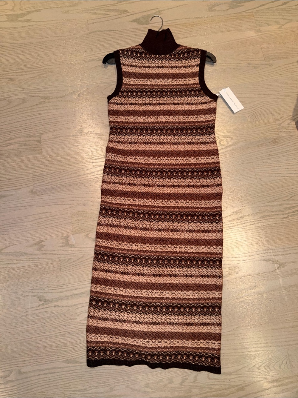 Torn by Ronny Kobo Brown and Cream Striped Sleeveless Turtleneck Midi Dress